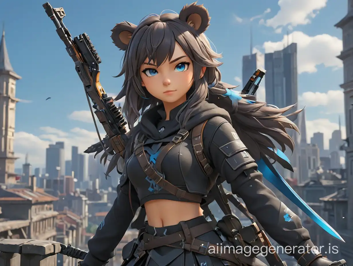Arknights, (((Arknights))) ursus girl, bear ears, with a crossbow, against the background of the city, black clothes with blue elements