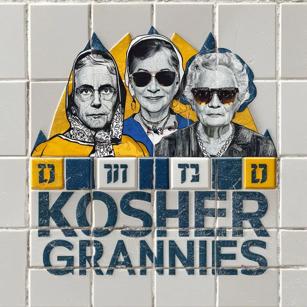 logo, Israel, yellow, blue, white, historical and modern Jewish grannies with Israeli headcovers and sunglasses, in white kitchen tiles, Paul Klee, with the text "Kosher Grannies", typography, be used in art industry