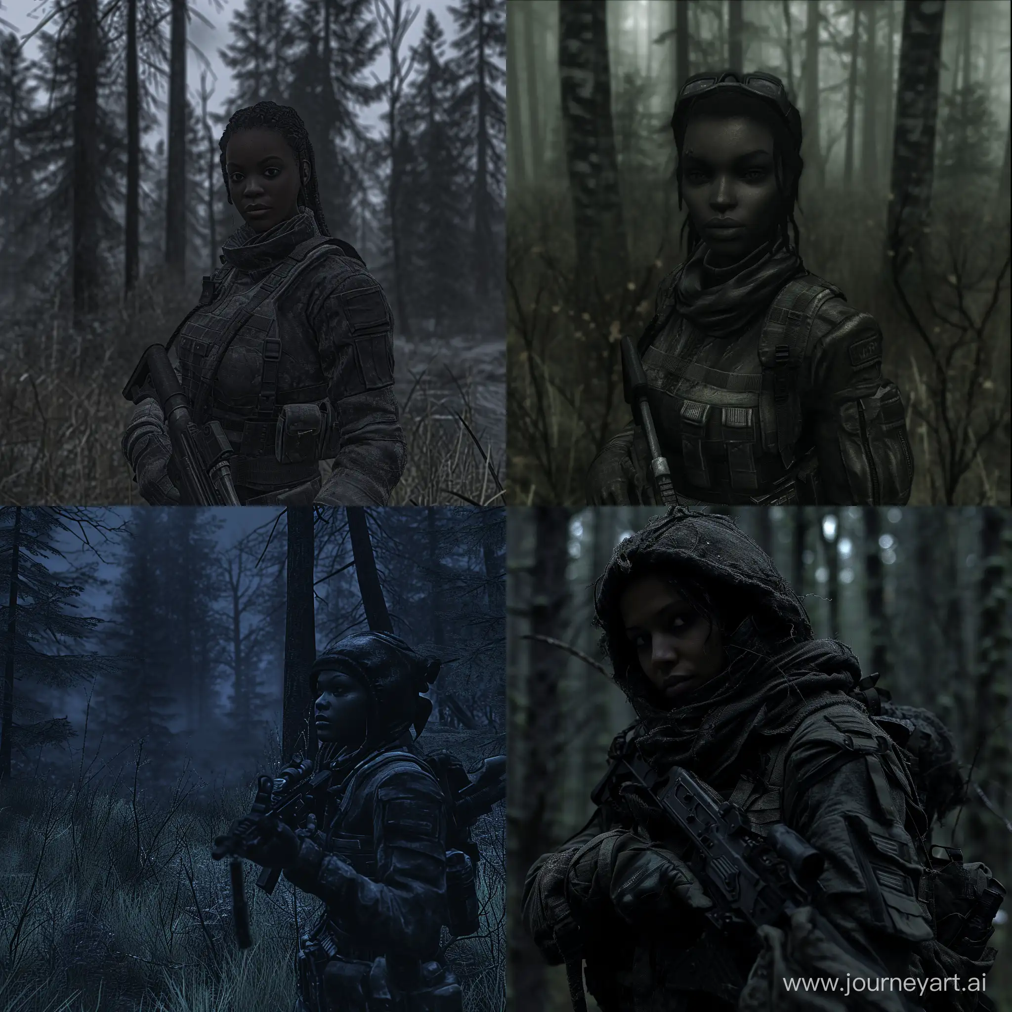beautiful darkskinned Sheva Alomar in S.T.A.L.K.E.R as mercenary in darktactical equipment dark forest dead trees