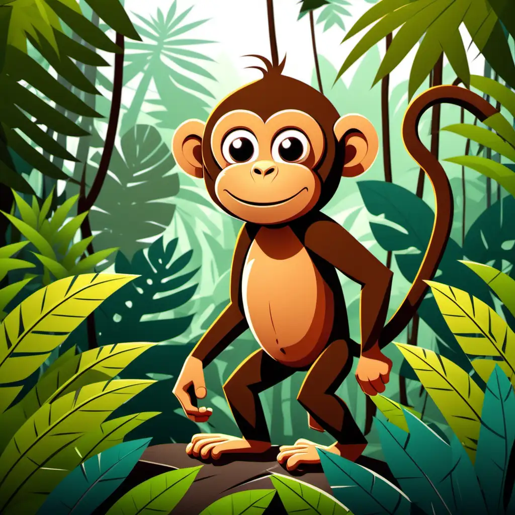 Playful Cartoon Monkey in Lush Jungle Vibrant Illustration