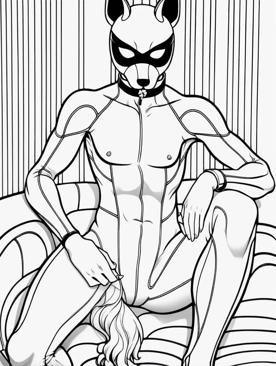 Adult Coloring Book, feminine man wearing puppy mask, sitting WEARING latex catsuit, big bulge,erotic pose, Black and White, black outline, high contrast, very DETAILED BACKGROUND