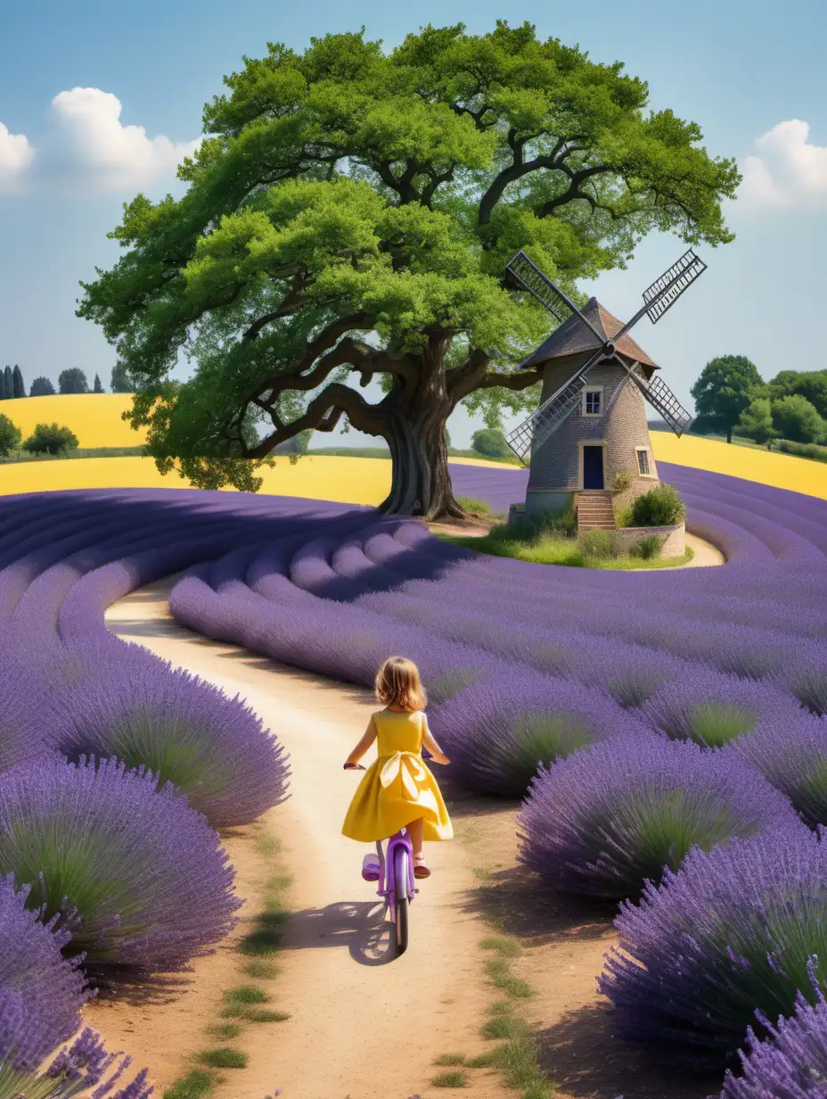 A lavender field, a windmill and a curved path leading to a large oak tree, with a little girl in a yellow dress riding a bicycle