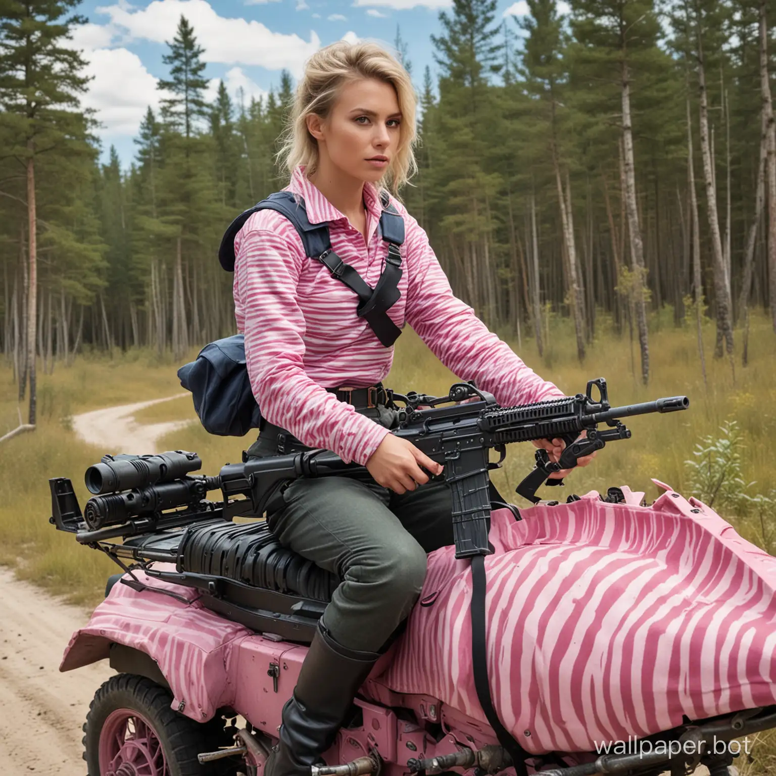 sailor in a striped shirt, riding on a pink zebra with a machine gun in the taiga.