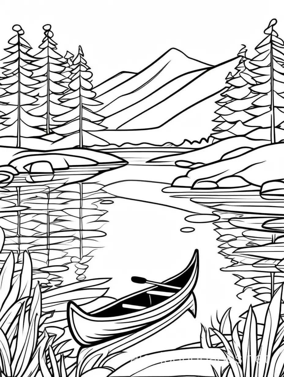 canoe on lake , Coloring Page, black and white, line art, white background, Simplicity, Ample White Space. The background of the coloring page is plain white to make it easy for young children to color within the lines. The outlines of all the subjects are easy to distinguish, making it simple for kids to color without too much difficulty