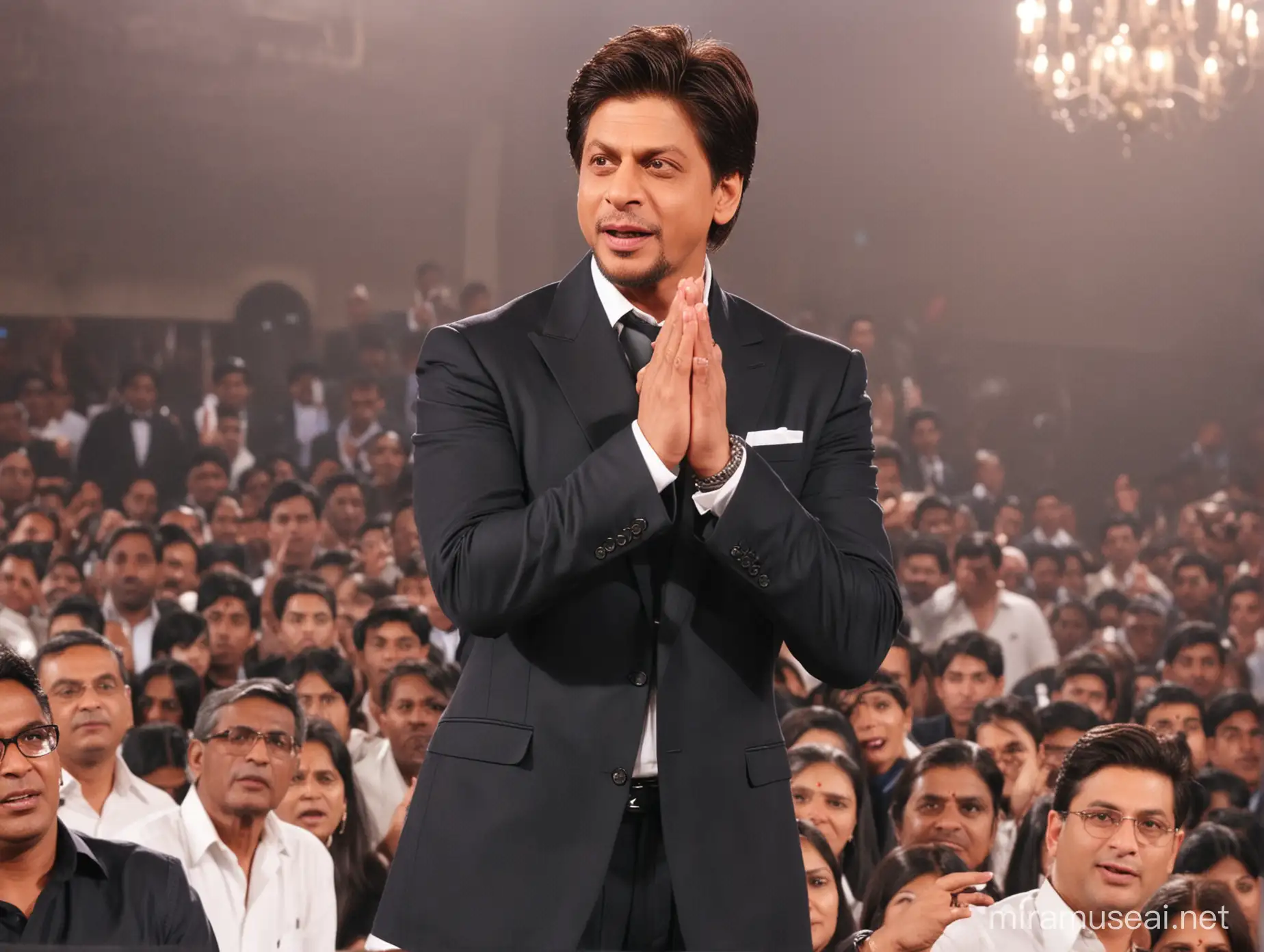 Shah rukh khan in formals is giving a motivational speech to a group of Indian people. 