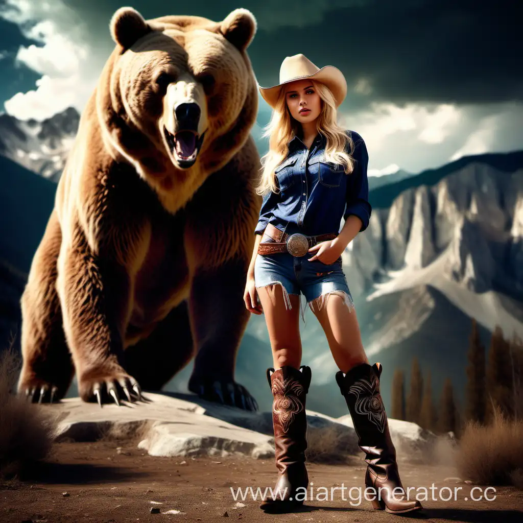 Blonde-Cowgirl-Poses-with-Majestic-Bear-in-Wild-West-Landscape