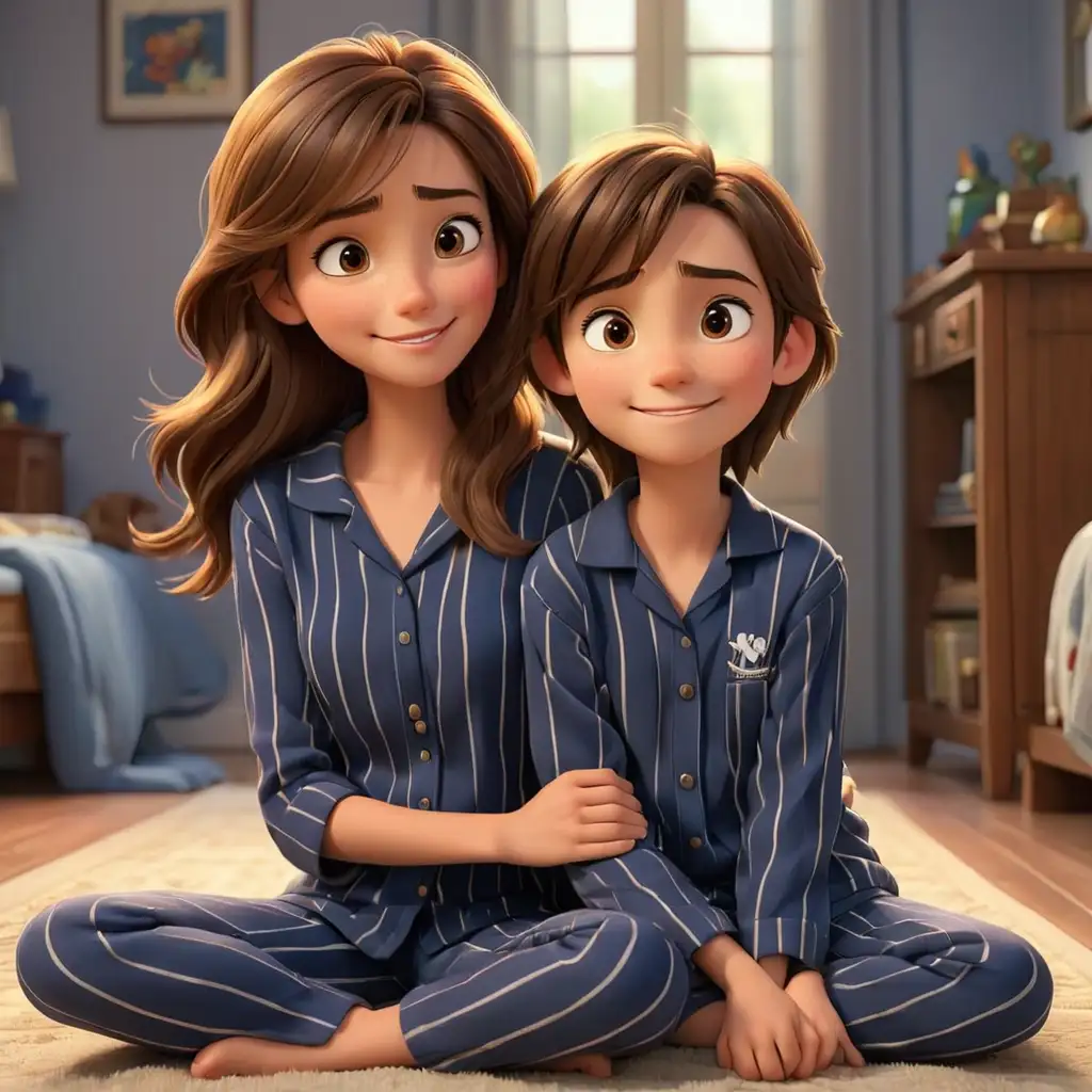 Disney pixar theme, 3d animation, beautiful mom, long straight brown hair and brown eyes, son with neat brown hair and brown eyes, happily sitting on the floor next to each other, wearing navy blue stripe pajamas