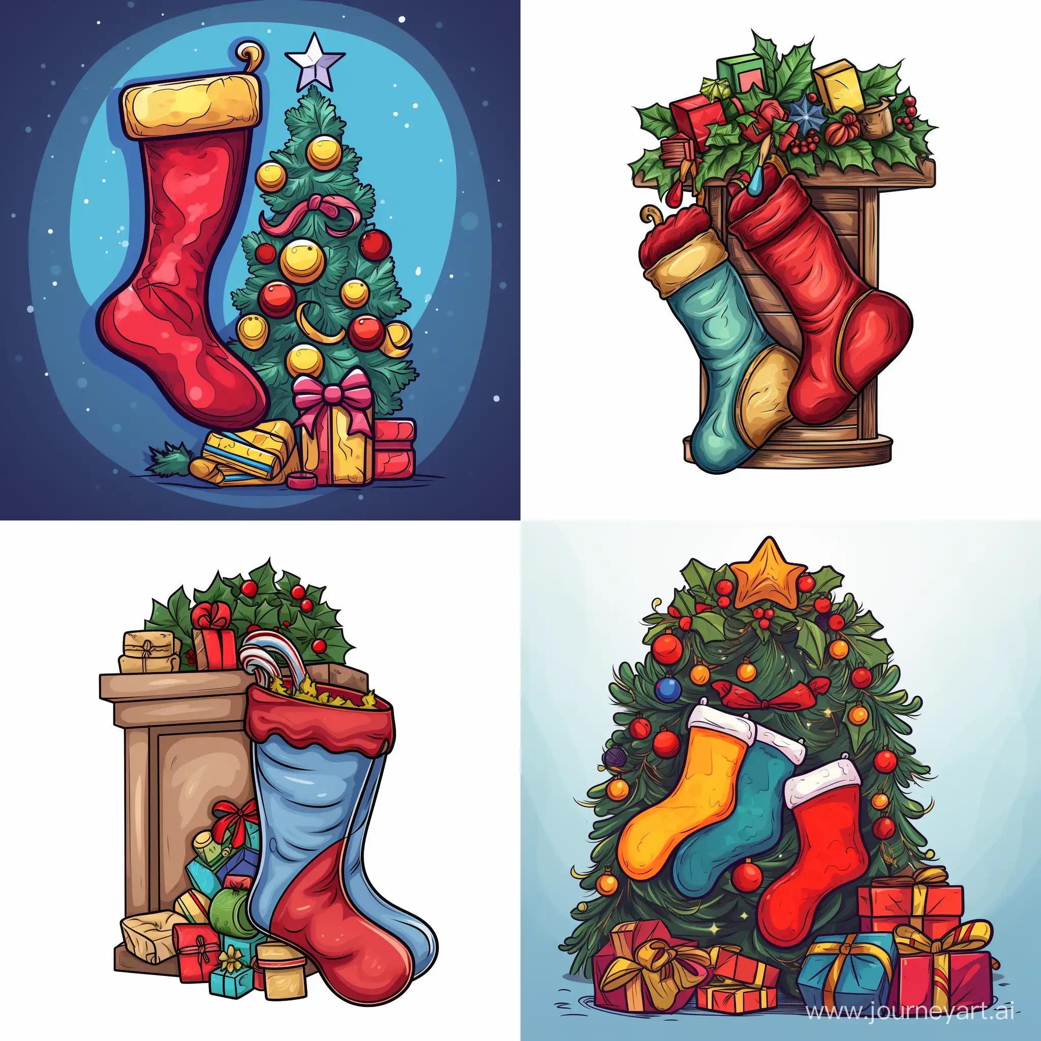 Christmas stocking with gifts, in cartoon style