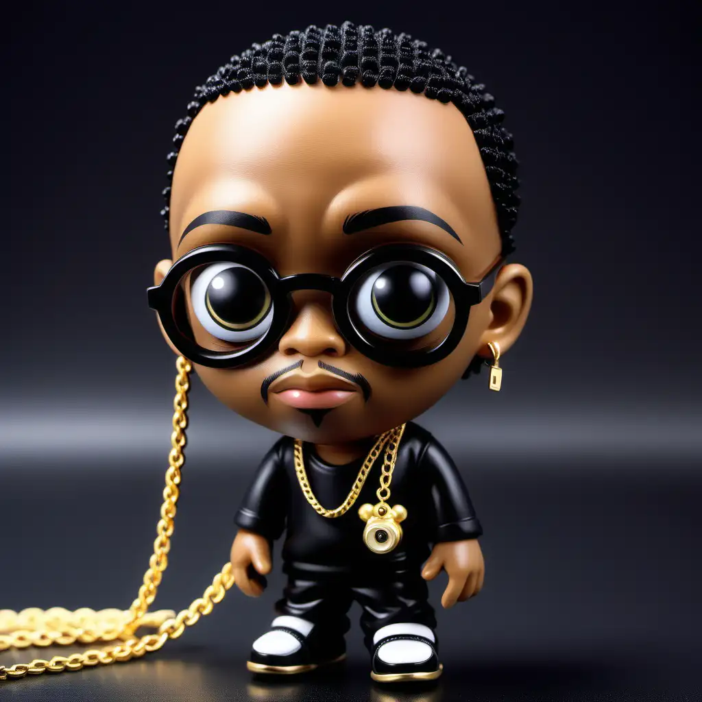 Create a cute, big eyes, kawaii style toy of dr.dre, with a gold chain in a low rider