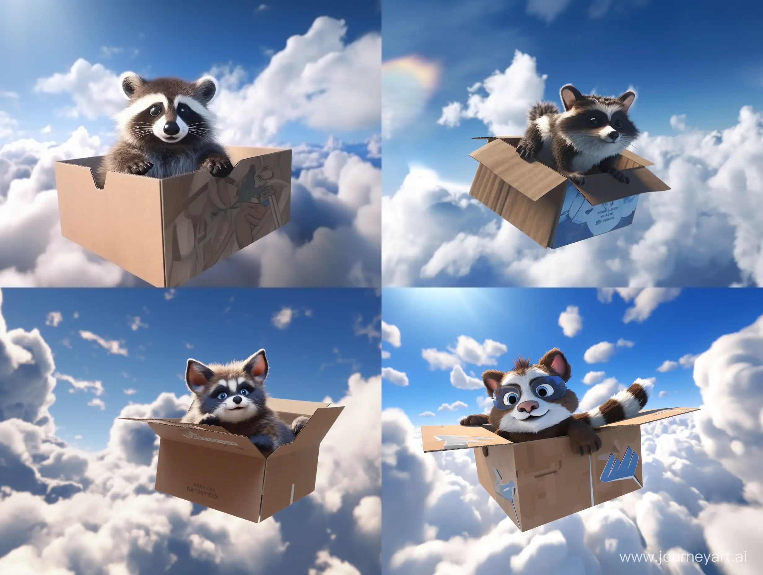 White and black brown Racoon in a square cardboard box flying through a blue and cloudy sky. High poly video game. side on front view 