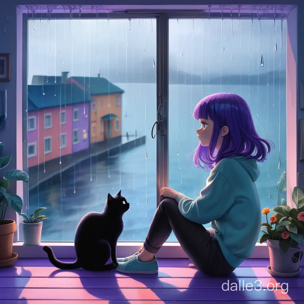 A girl with purple hair is sitting on a wide windowsill, it's raining outside the window, the girl is pensively looking at the rain, the rain is heavy, next to the girl lies a black cat, the colors in the room are bluish in the background, the sea is visible outside the window, it's warm, cozy