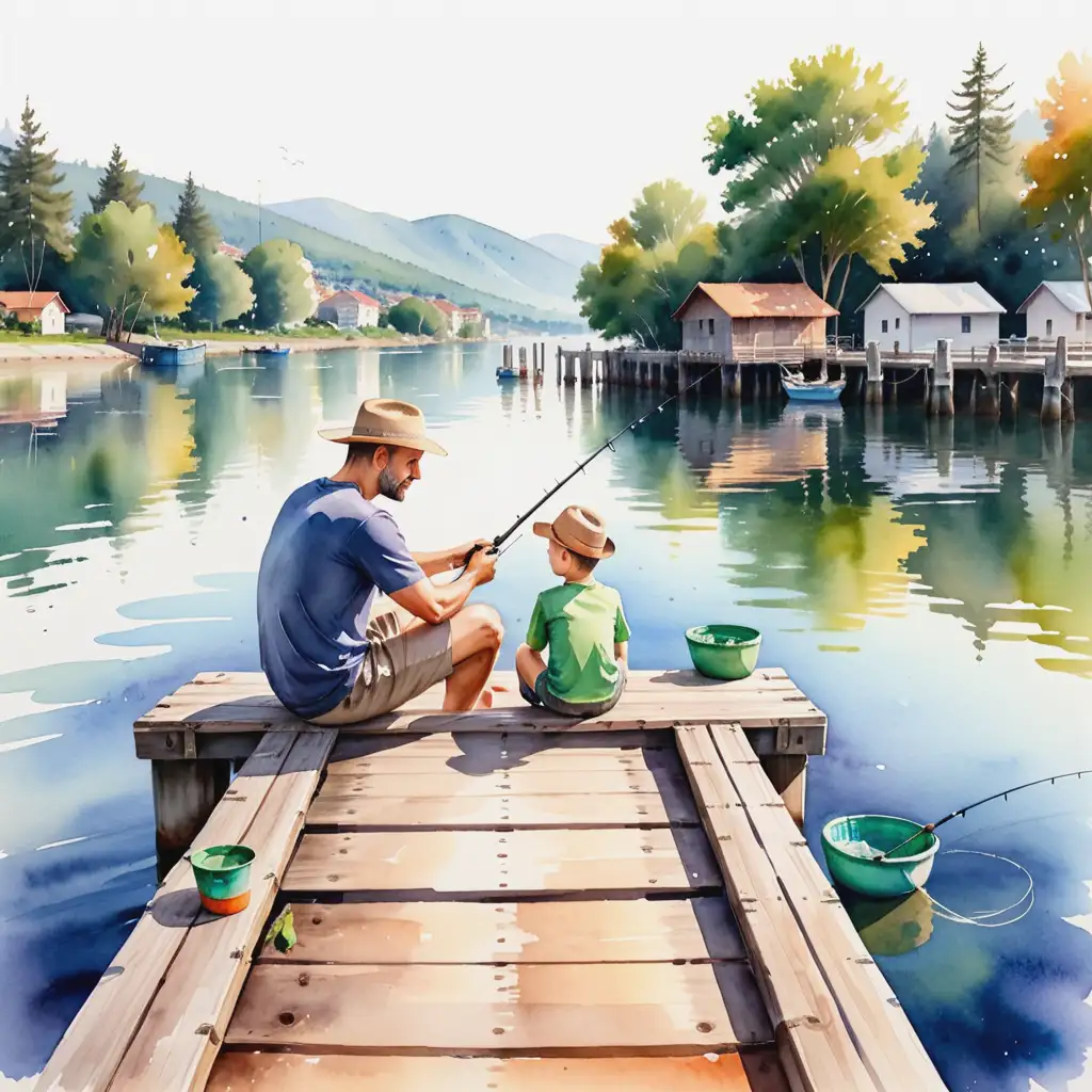I vattenfärg, en pappa med sin son som sitter på en brygga och fiskar , sommar 