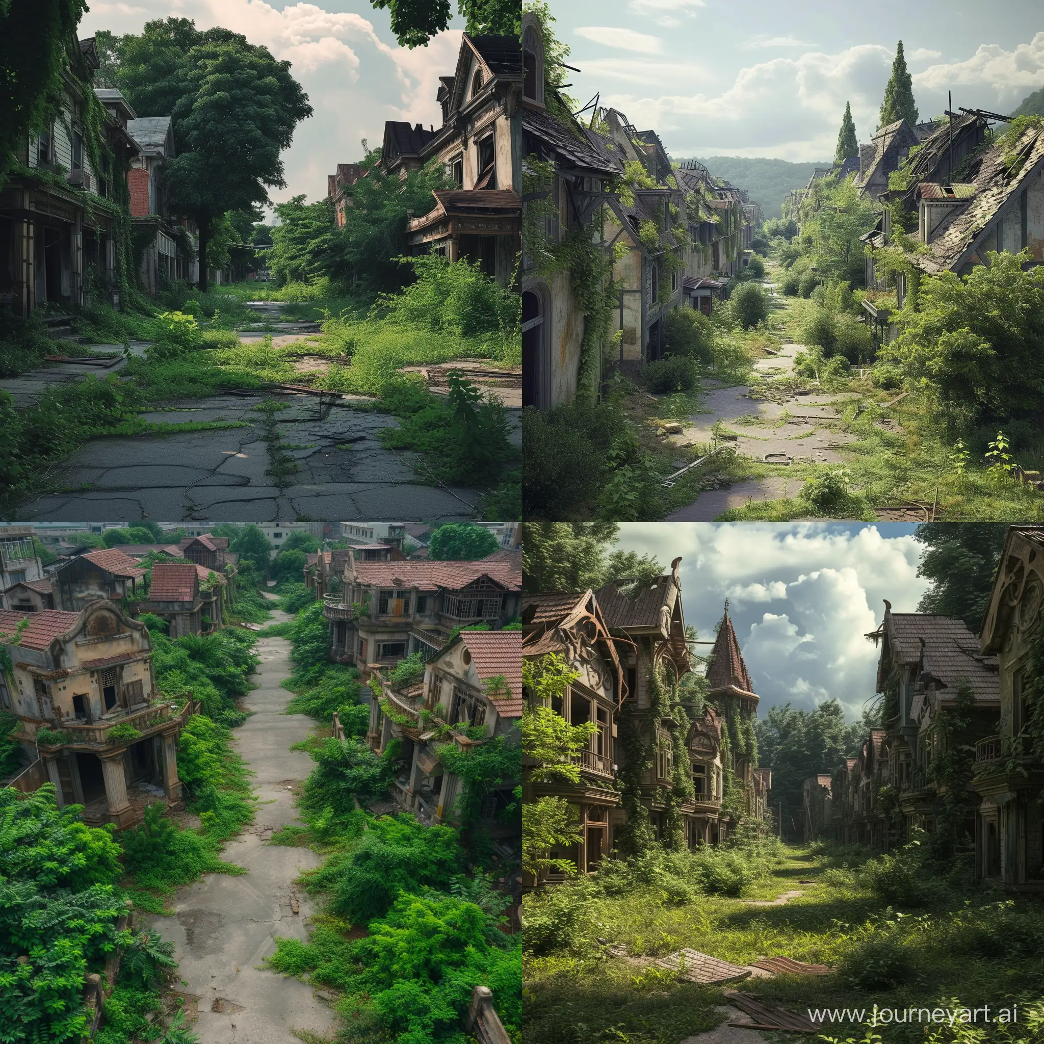 an abandoned metropolis without inhabitants, dilapidated streets and houses, greenery
