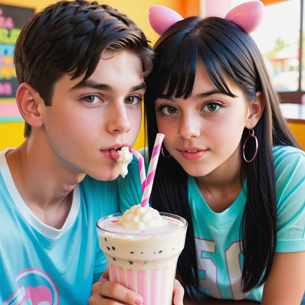 hot teen boy sharing a milkshake sucking straws with a black haired teen girl 