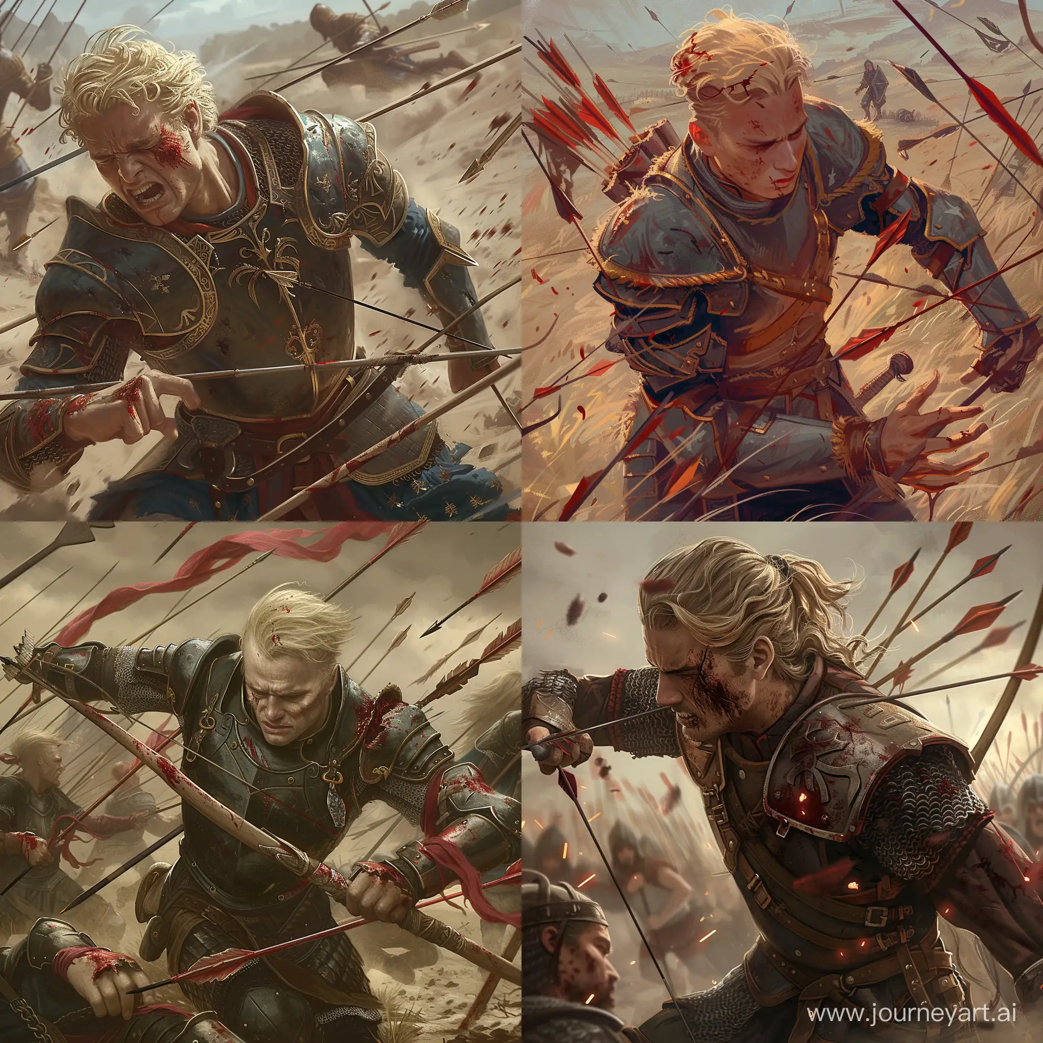 digital art of a battlefield, a man with blond hair in armor is trying to stand up, multiple arrow wounds are on him.