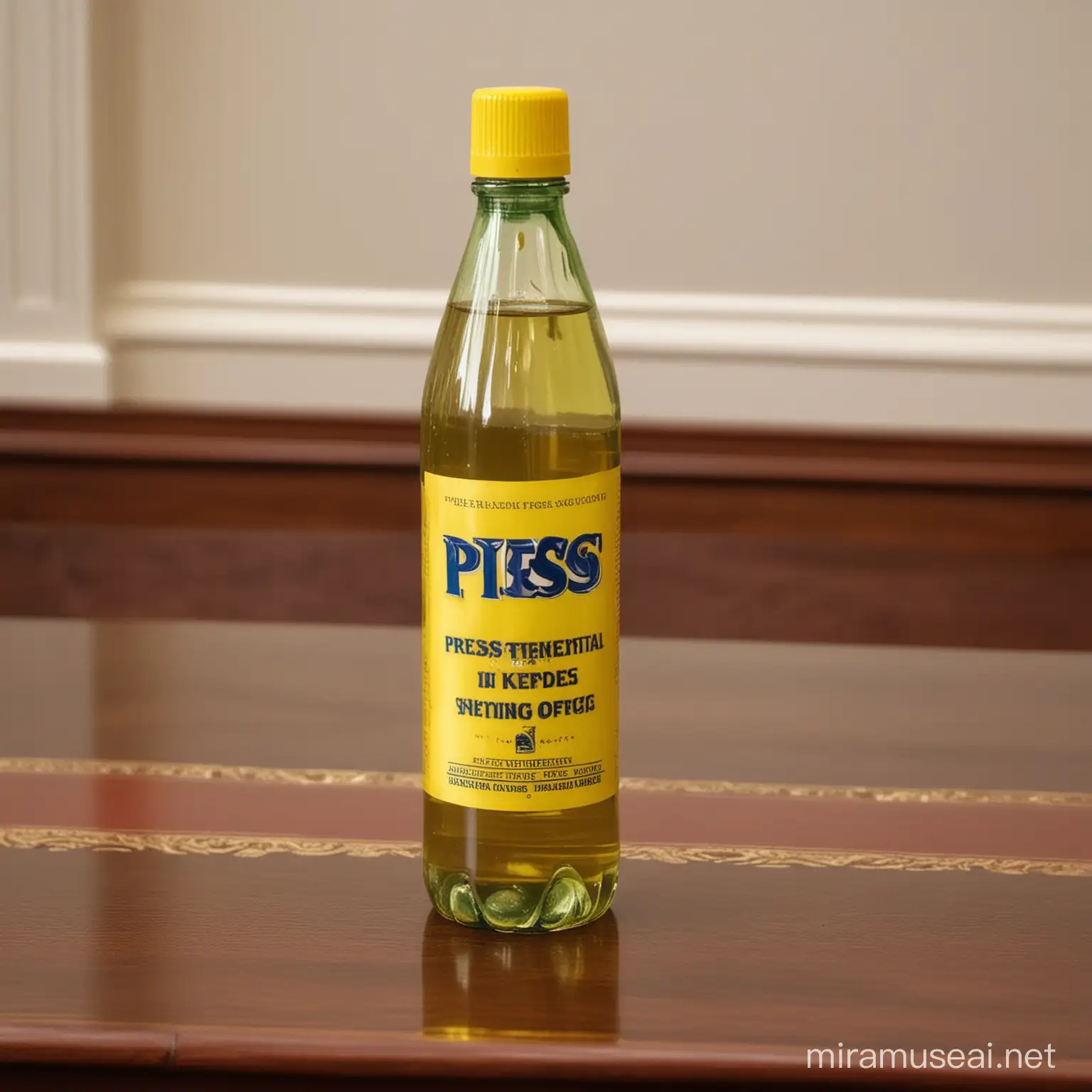 A bottle filled with piss in a presidential office with banner saying piss