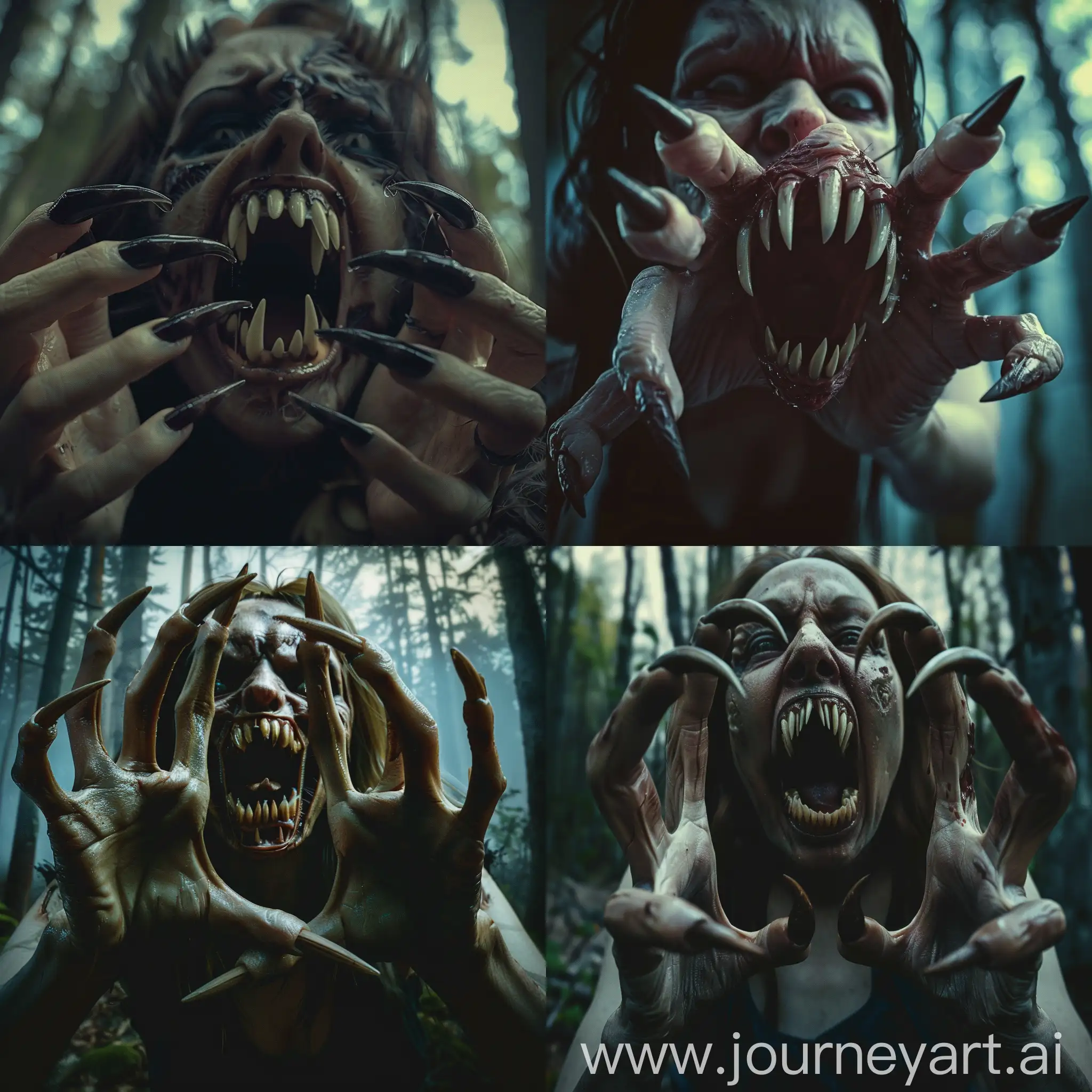 A horrifying nightmare scene of aggressive rotten zombie woman with extra long curved pointed nails like monstruos claws on her five-fingered hands, her mouth is open with pointed sharped teeth, resembling fangs, she attacks you, scene inside darkness  forest hyper-realism, cinematic, high detail, photo detailing, high quality, photorealistic, terrifying, aggressive, sharp teeth-fangs, dark atmosphere, realistic detailed, detailed nails, atmospheric lighting.
