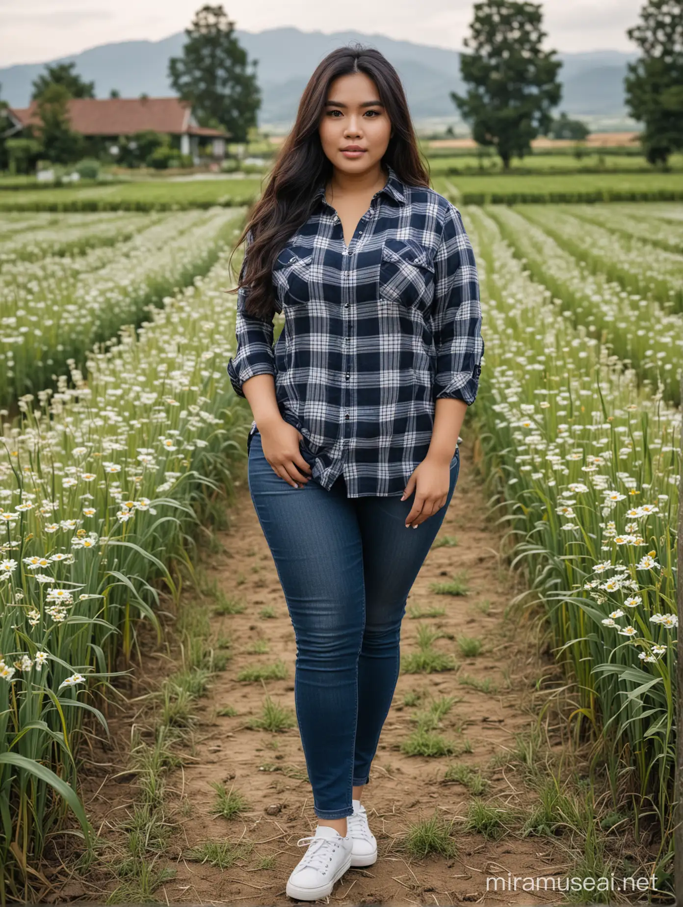 Photography, work, a woman from Indonesia, (fat curvy body), (large breasts), detailed face, long black hair, wearing a black and blue plaid flannel shirt, white t-shirt, black jeans, shoes, standing stylishly, looking at the viewer, very beautiful scenery, flower garden background, in a rice field area in the countryside, very beautiful, close up, realistic, 32k, HDR.