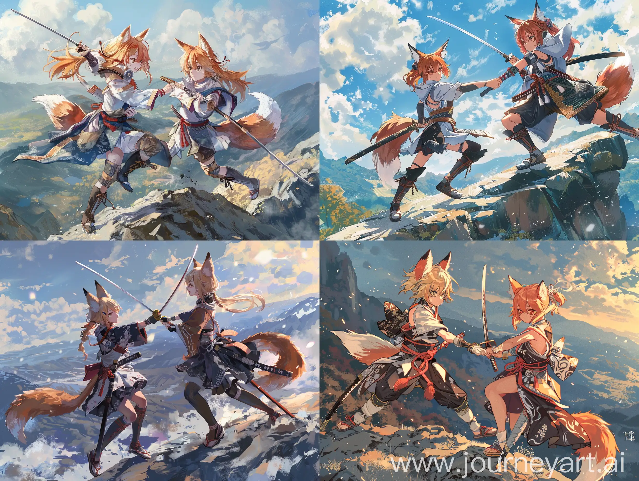 Anime-Sword-Duel-Two-Femboys-with-Fox-Ears-and-Tails-atop-a-Mountain
