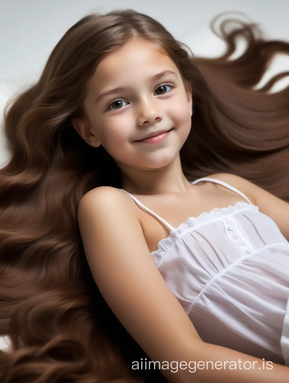 This 10-year-old girl has a slender body with graceful proportions. She has a round head with soft facial features. Her round eyes, hazel in color, radiate joy and curiosity. Her small nose is slightly upturned, giving her a friendly look. She has full, gentle lips that are often adorned with a cheerful smile. This girl's hair is long and thick, dark chestnut in color. It cascades down her back in soft waves, creating an elegant look. Her hair also has a natural shine and softness., 8K UHD, full body in image, She is lying on her back, facing the camera.