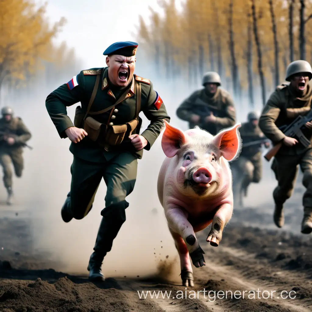 pig with scared face running from russian muscular soldier at battlefield
