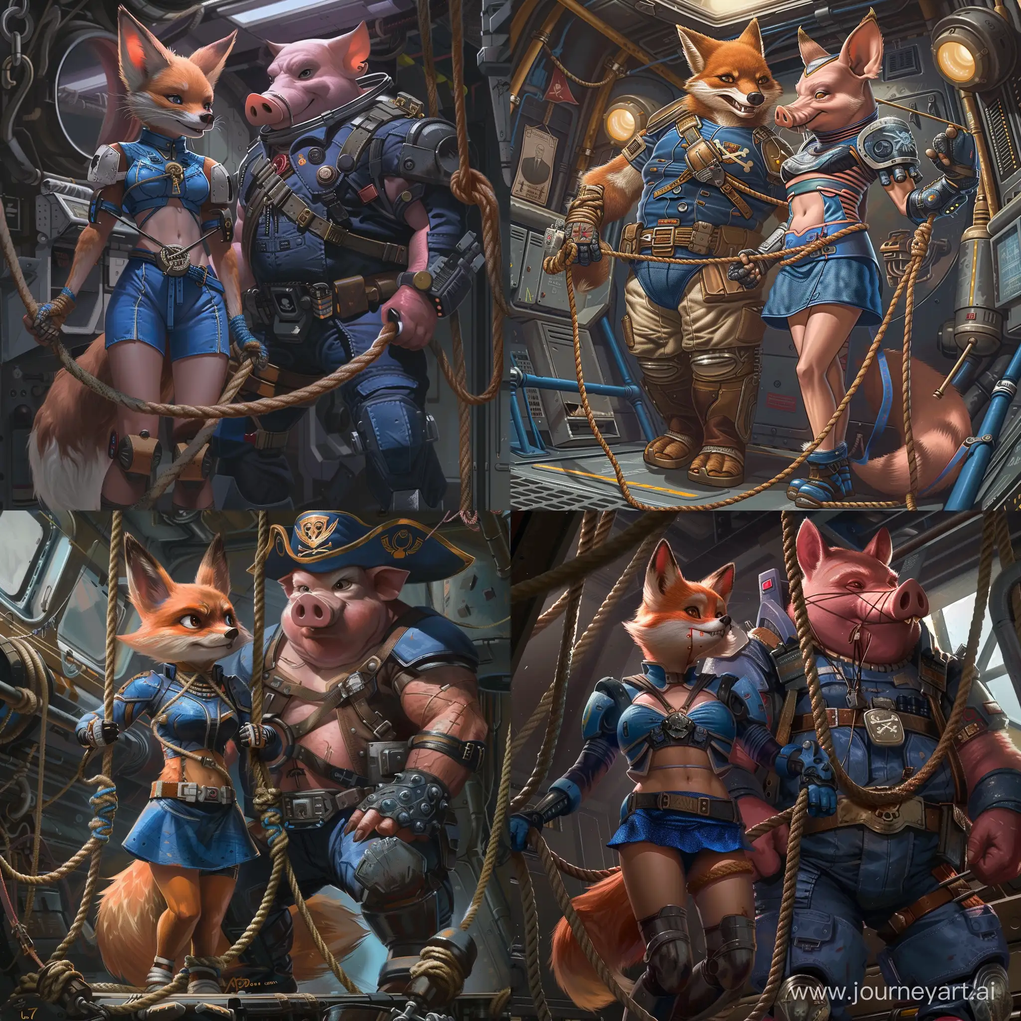 Imagine cute humanoid fox female, in futuristic blue suit, consist off short blue skirt and blue armor jacket, being tied up with rope, and a big humanoid pigman space pirate captain next to her, aboard a space ship