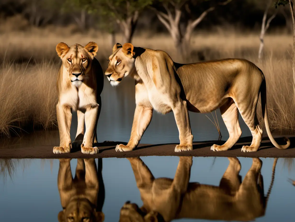 Two Lionesses Drinking from Pond in African Savanna