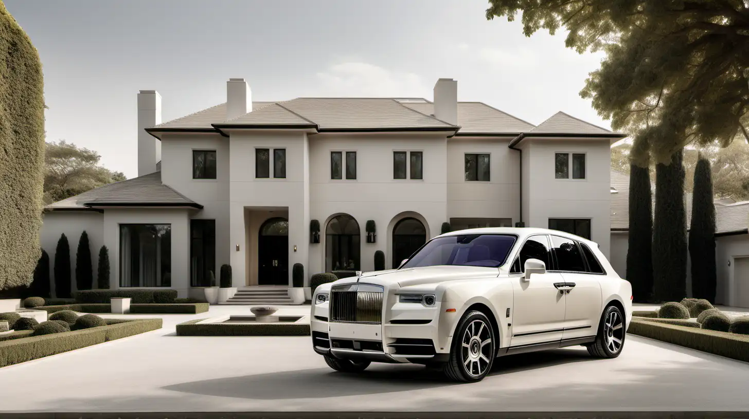 a grand Minimalist estate home in ivory, beige and blonde oak with a matte light taupe Rolls Royce Cullinan parked in the driveway; sprawling gardens