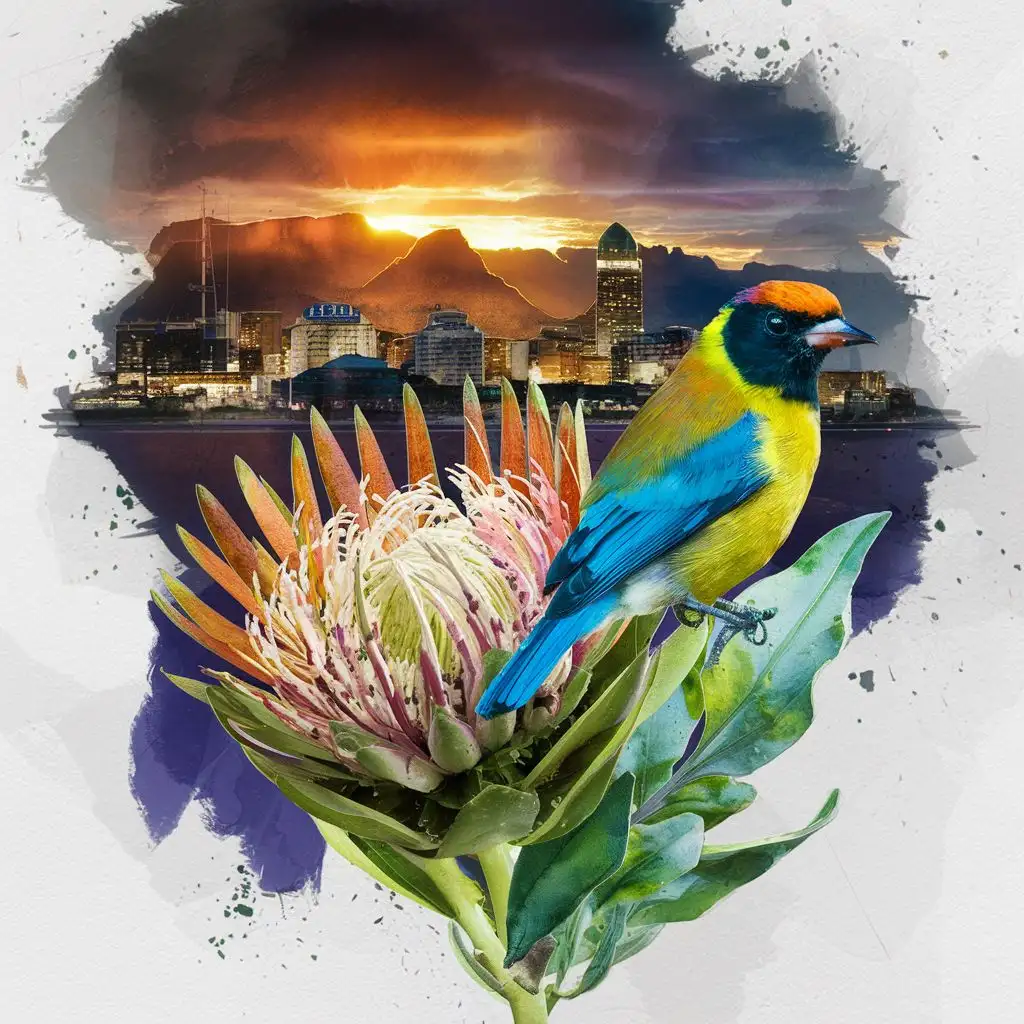Create a collage combining elements of Cape Town, cape sugarbird and protea, Colorful, powerful watercolor landscape of Cape Town, logo style, high quality, full color, yukisakura, vibrant colors, scenic beauty, artistic watercolor, professional, breathtaking view, unique style, artistic expression, vivid palette, iconic cityscape, stunning sunset, atmospheric lighting