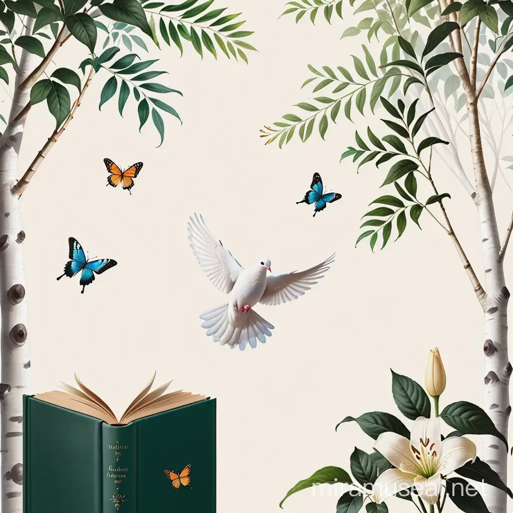 book cover design that includes a dove, an olive, a butterfly, a lily, and birch trees