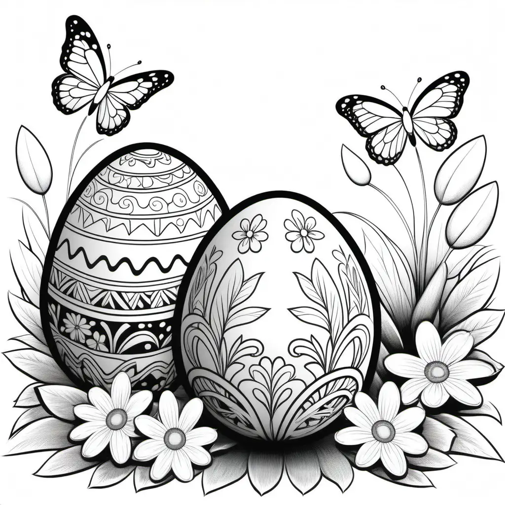 Create a black and white coloring page of 2 large Easter egg on a white background, no shading, crisp lines, fun and large images, in nature, baskets, eggs, flowers, butterflies 
