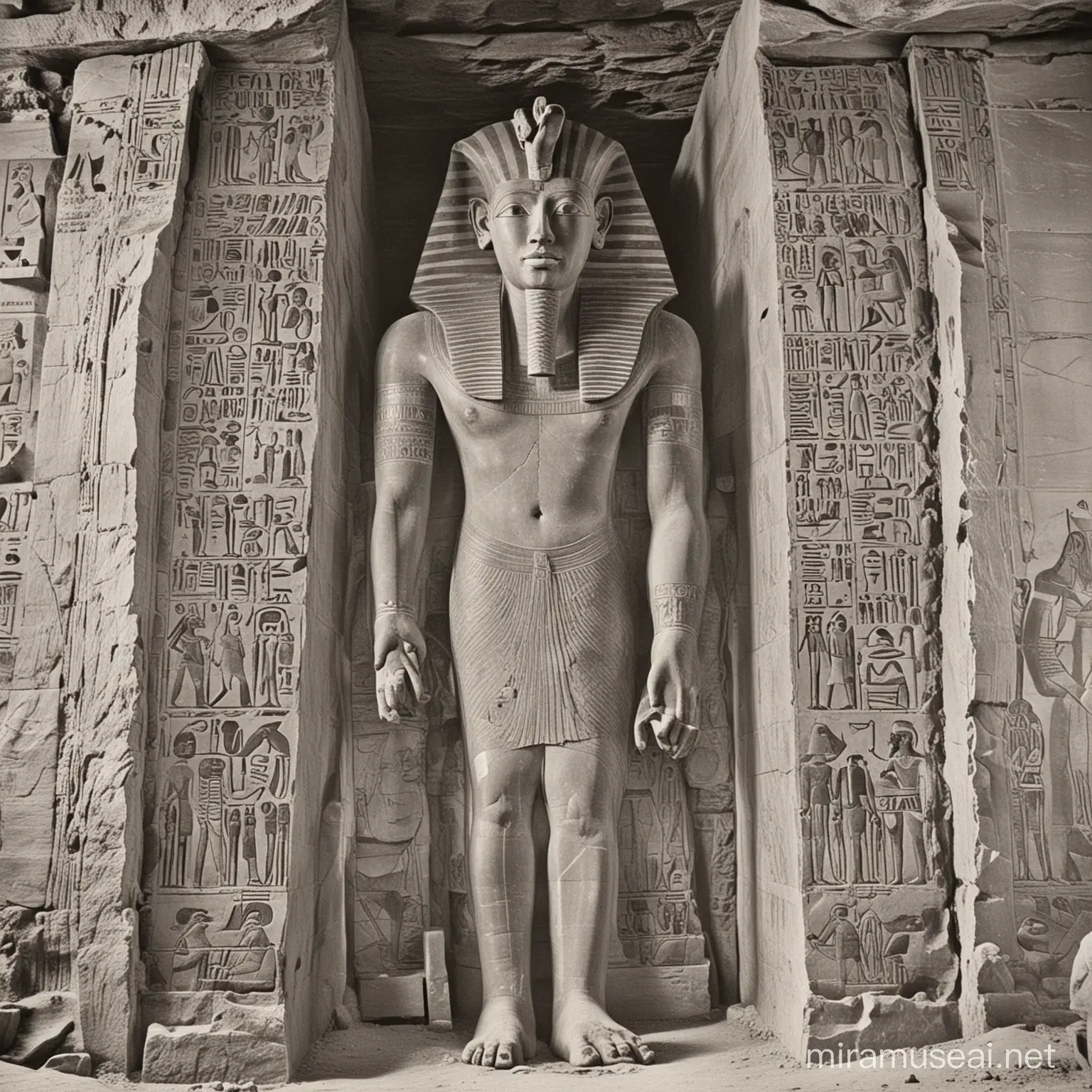 historic photo of pharaoh sarcophagus in an egyptian tomb