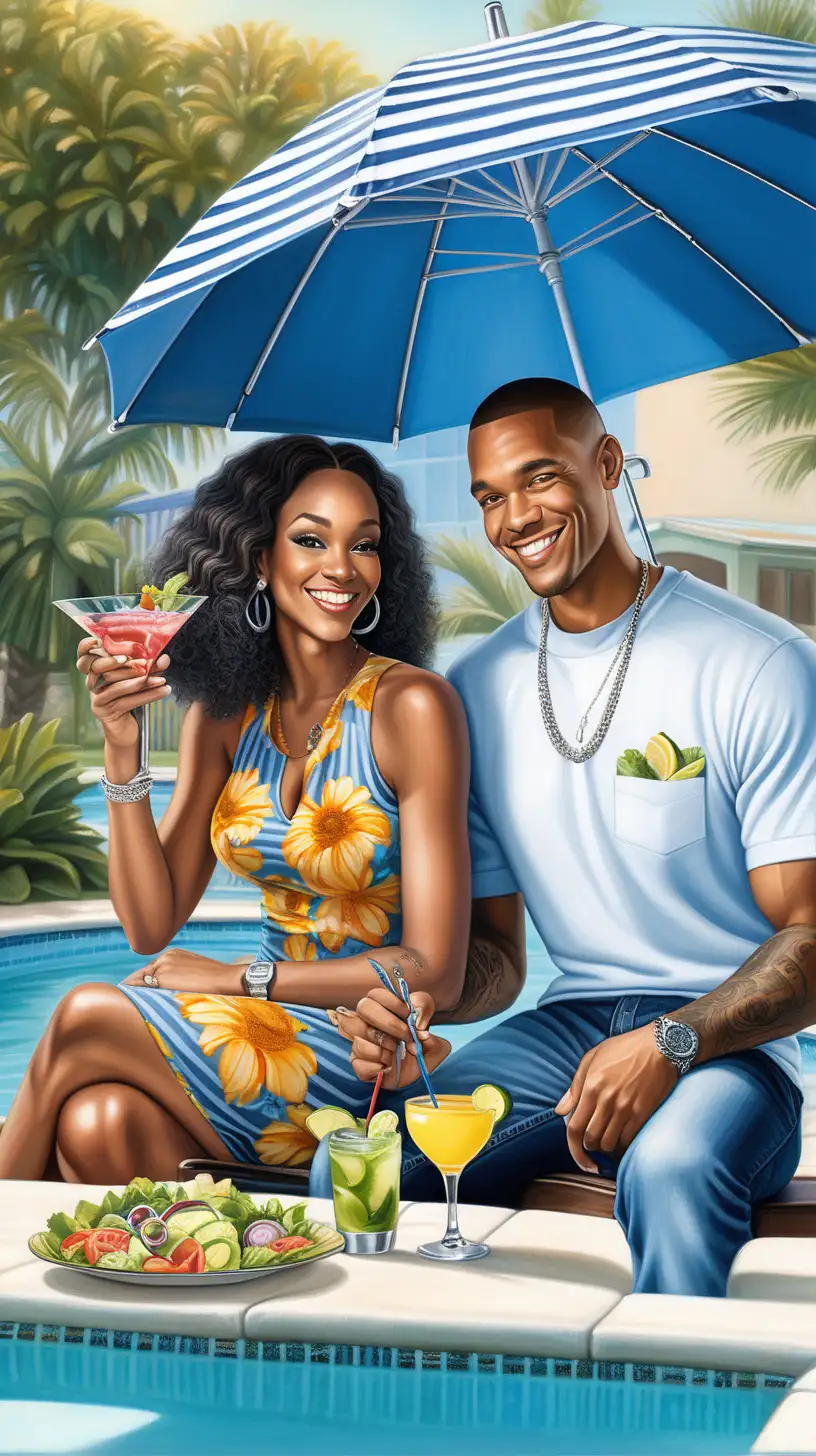Create enhance the realism airbrush 300 dpi with sun shining on two 5d African American couple with Her hair is in an elegant long hair with sleek edges wearing floral dress. The man wearing short crew cut and a blue jersey, Christian tattoos on arms, jeans. Both sitting in a chair at a table under a blue and white striped umCreate enhance the realism airbrush 300 dpi with sun shining on two 5d African American couple with Her hair is in an elegant long hair with sleek edges wearing floral dress. The man wearing short crew cut and a blue jersey, Christian tattoos on arms, jeans. Both sitting in a chair at a table under a blue and white striped umbrella near a pool and with flowers surrounding them, playfully smiling with her hands clasped together holding bowl of salad and cocktail in her hands. brella near a pool and with flowers surrounding them, playfully smiling with her hands clasped together holding bowl of salad and cocktail in her hands. 
