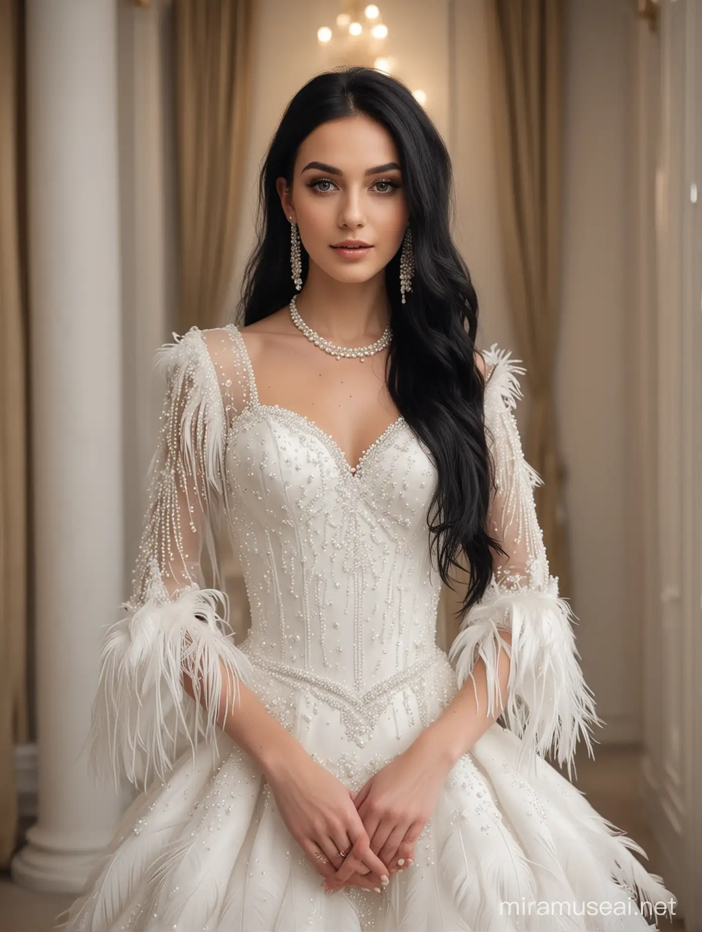 A girl with long black hair and a thin body with a long wedding dress, full of pearls on the sleeves, small feathers on the sleeves and large pearls on the bottom of the wedding dress, long feathers, full of feathers on the chest