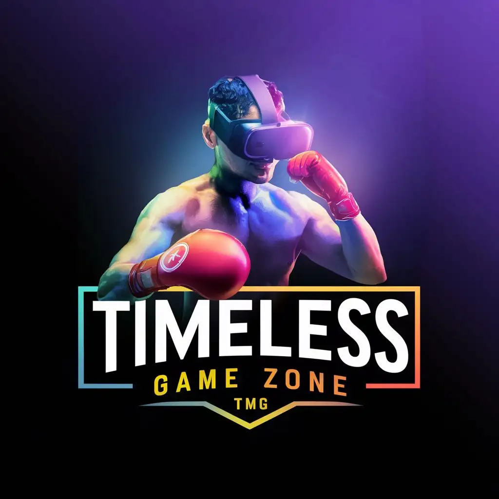 logo, Boxer with Virtual reality headset. Colourful, realistic and high quality image, with the text "TIMELESS GAME ZONE acronymn TMG", typography, be used in Entertainment industry