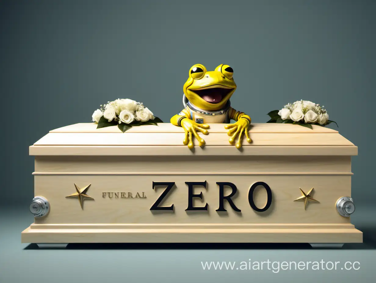 похороны. надпись на гробу - ноль.  стоит и смеется желтая лягушка астронавт