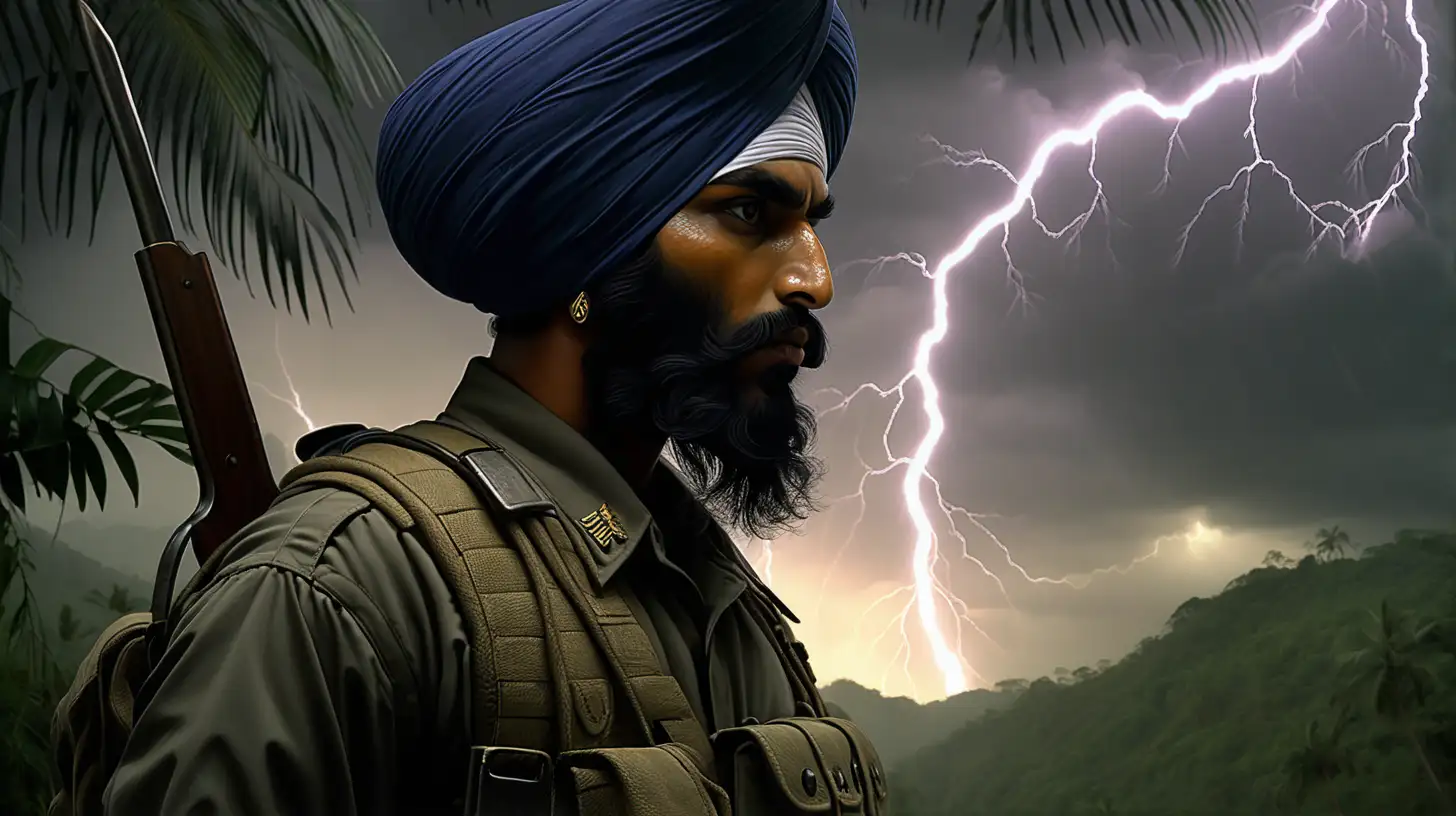 Sikh soldier, Dark, gloomy, lightning strikes in the background, harsh jungle, chiaroscuro enhancing the intricate details, in a digital Rendering “v6”
