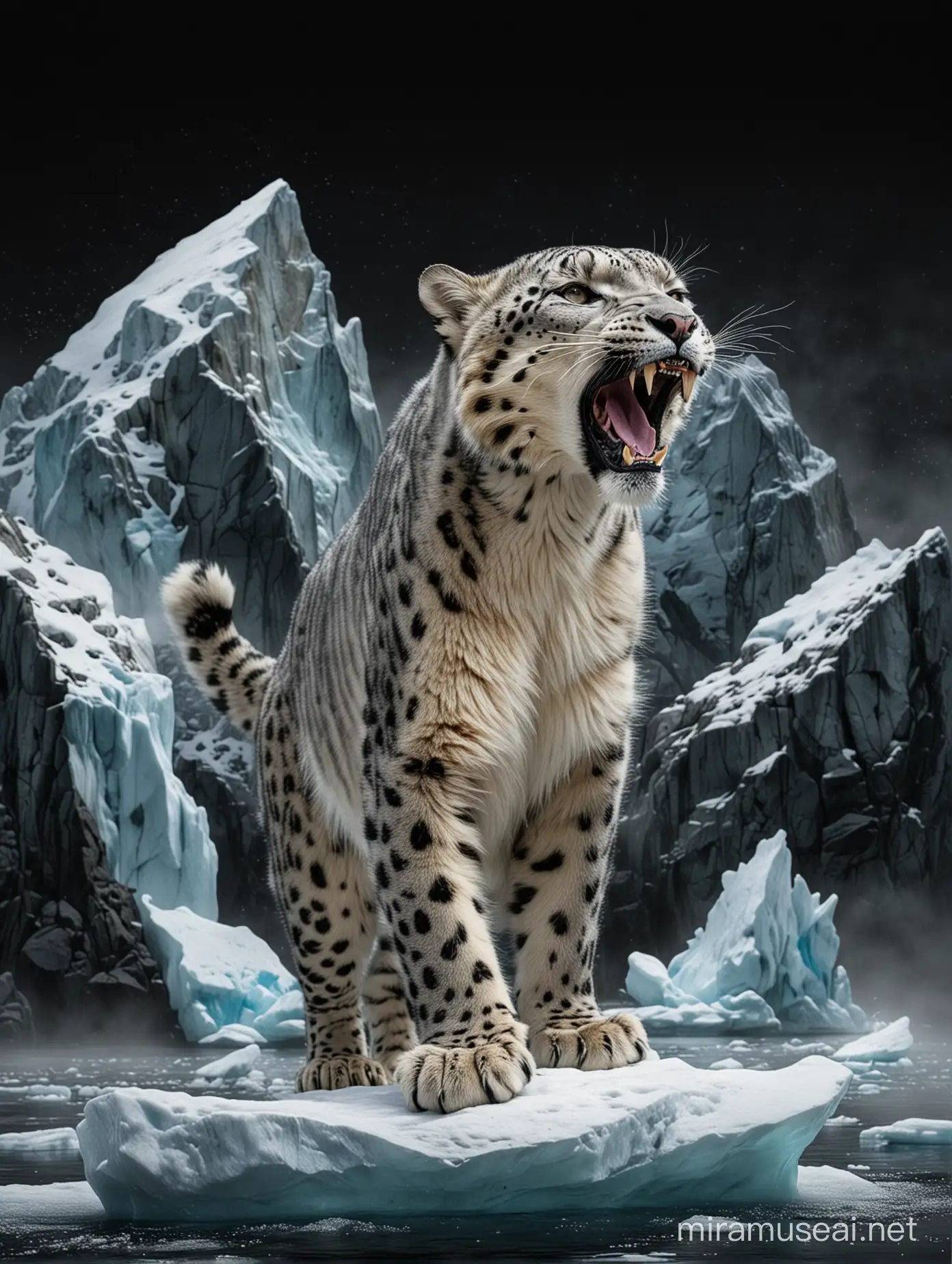 Snow Leopard Roaring on Mountain with Iceberg Black Background for Screen Printing