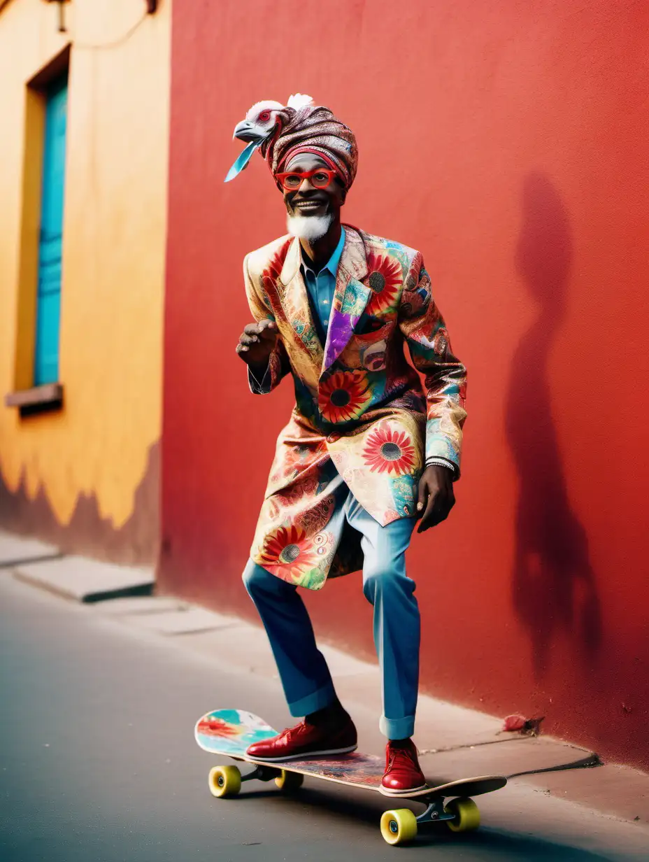 Joyful African Man in Turban and Floral Coat Skateboarding by Colorful Evening Walls with Rooster