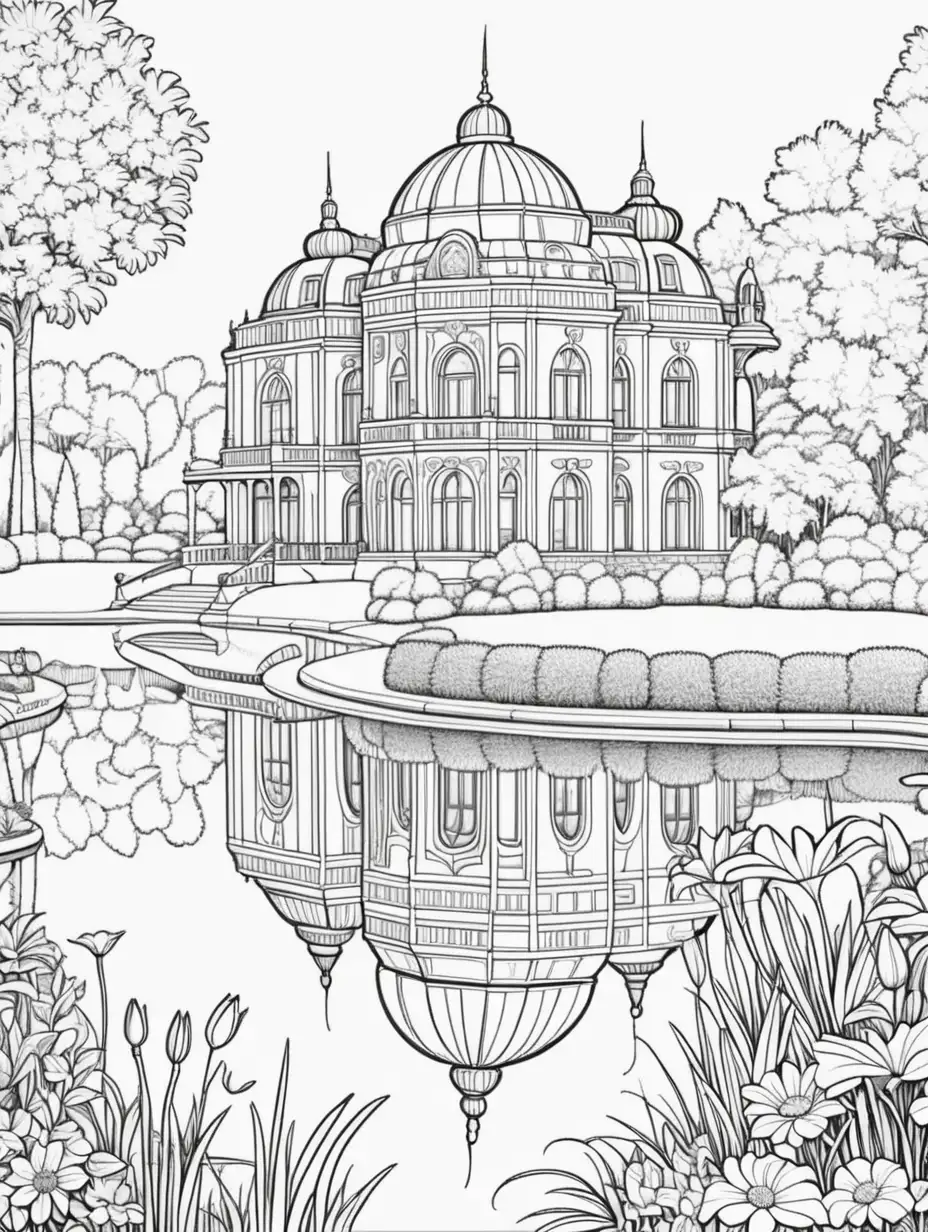 Serene Black and White Palais by the Pond Coloring Page