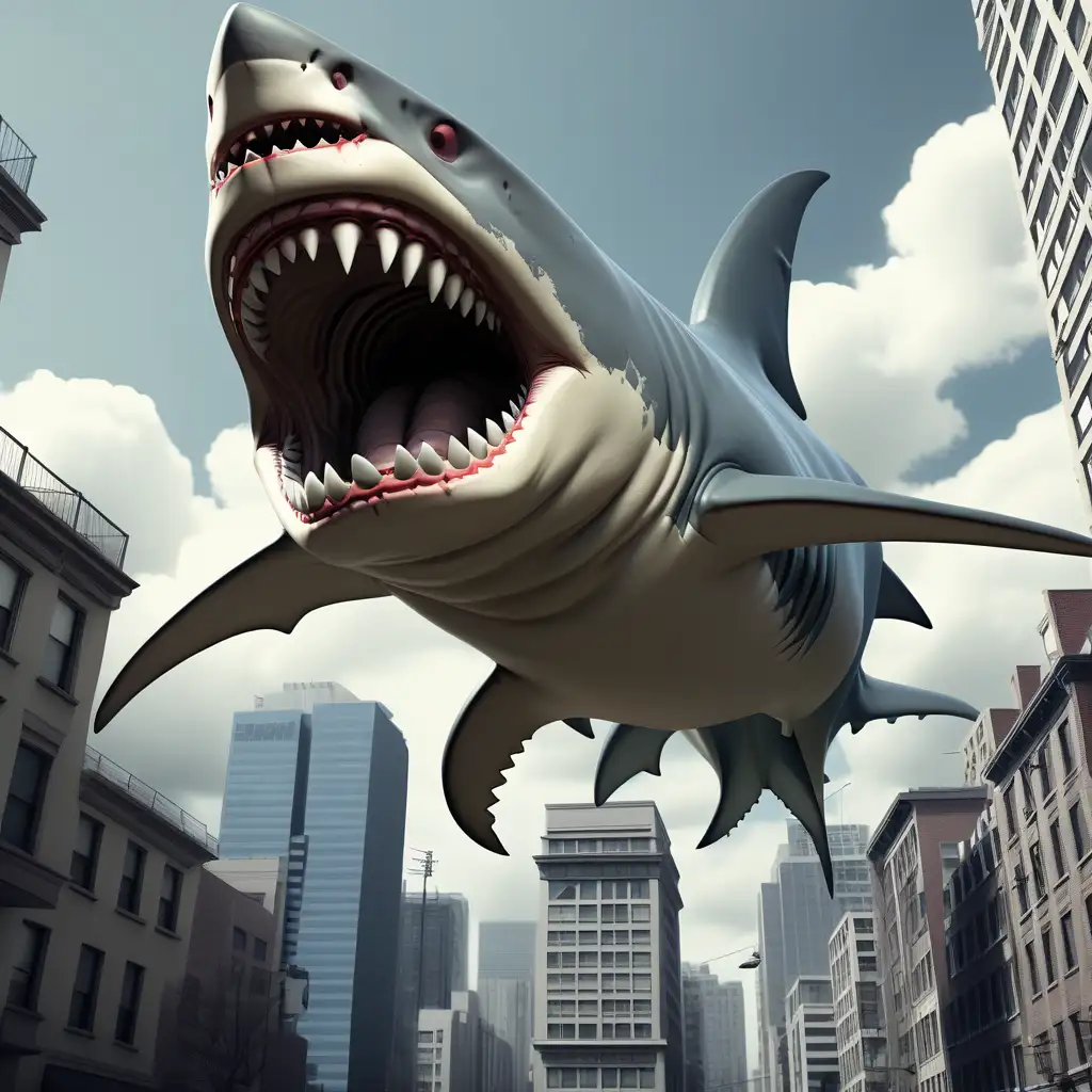 Giant monster shark flying, menacing citizens in the city 