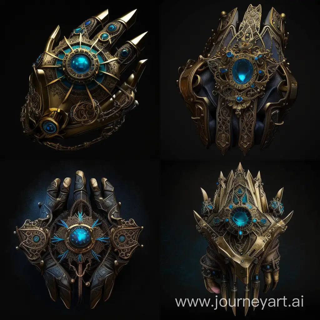 clockwork gauntlet, made of brass and leather, a blue crystal in its center, 5 fingers, fantasy art, black background