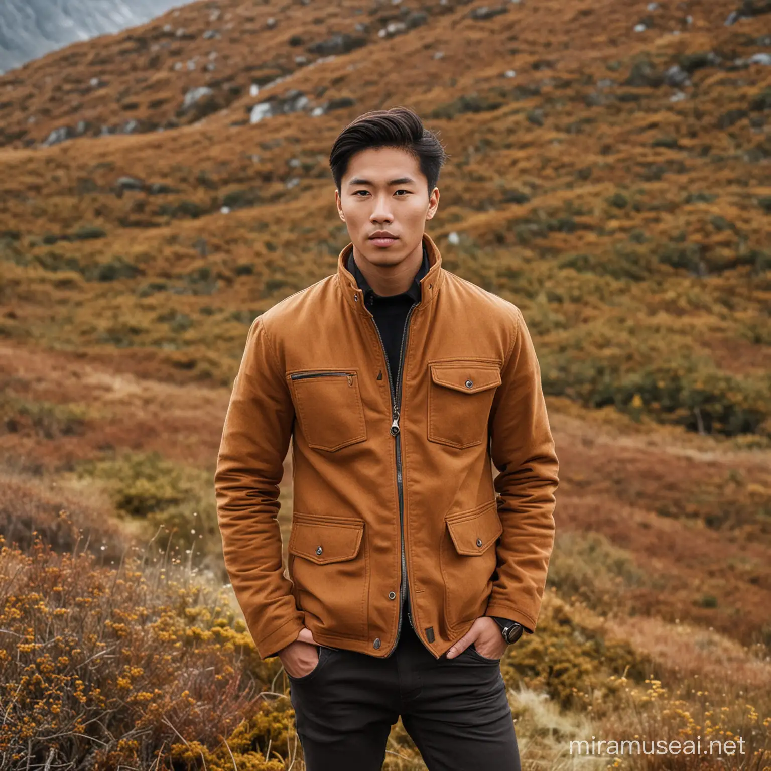 model picture of a asian guy in a brown jacket  in the Norwegian nature
