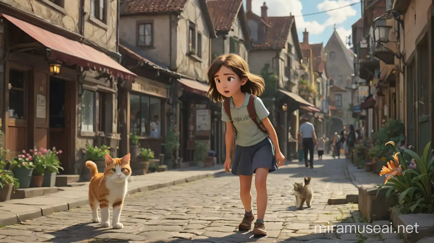 Generate an image as: young girl Lily searching for her lost cat through the town, by asking people around