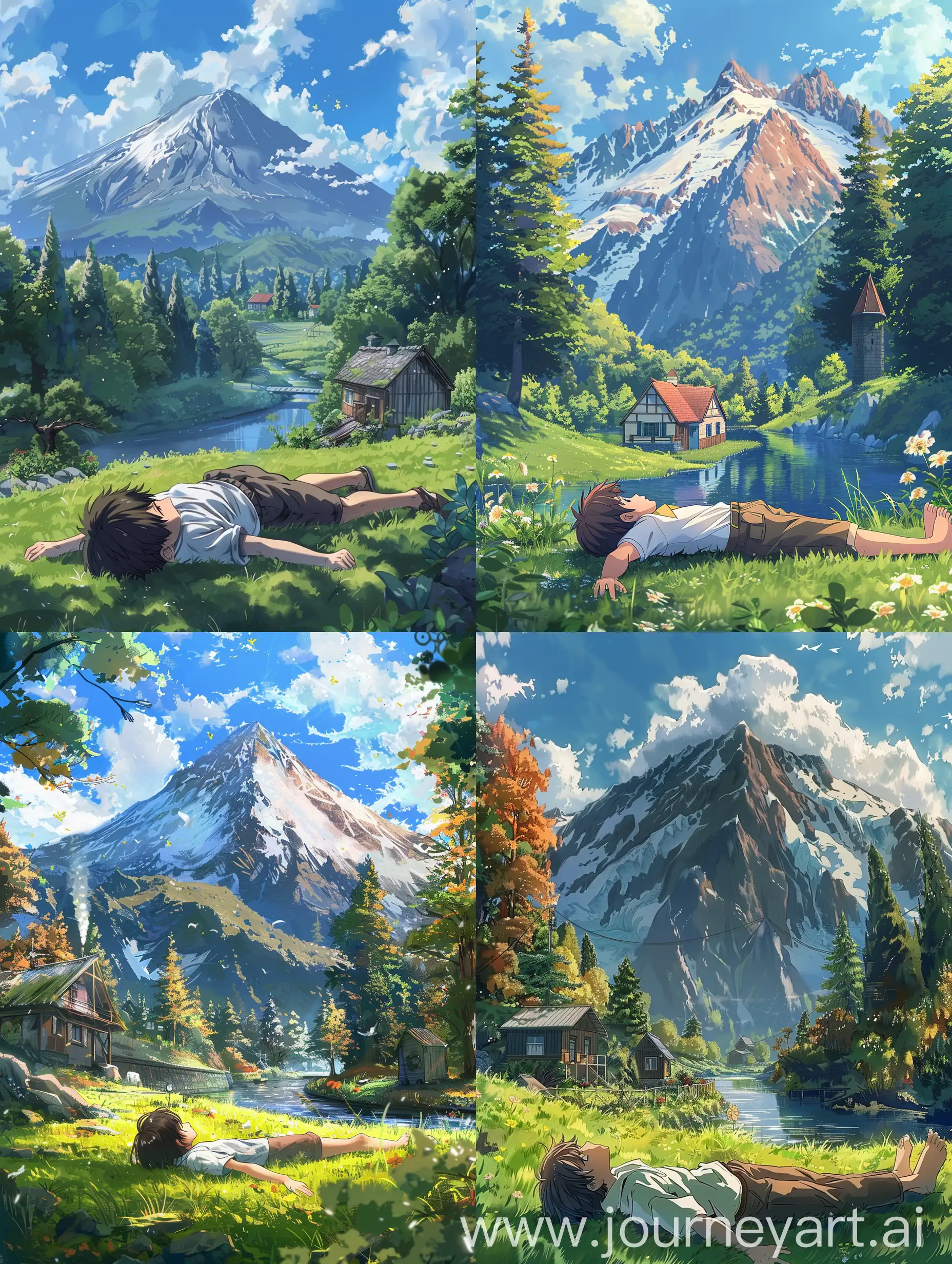 An anime boy lay on the grass field to see beautiful mountain and trees
And a peaceful canal and a cottage beside him 