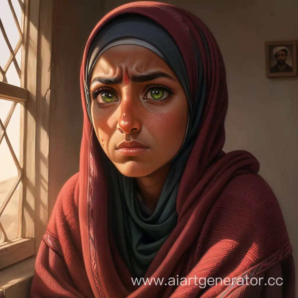 A girl, Tanned skin, hooked nose, green eyes, broad black eyebrows, a hijab on her head, thin lips, wearing a red sweater with a long black skirt down to her toes. Sitting in traditional poor afghan house, warm light through window without glass. She is crying, next to her is a middle-aged man dressed in a man's hijab with a black beard, a big nose and brown eyes, the man is very angry