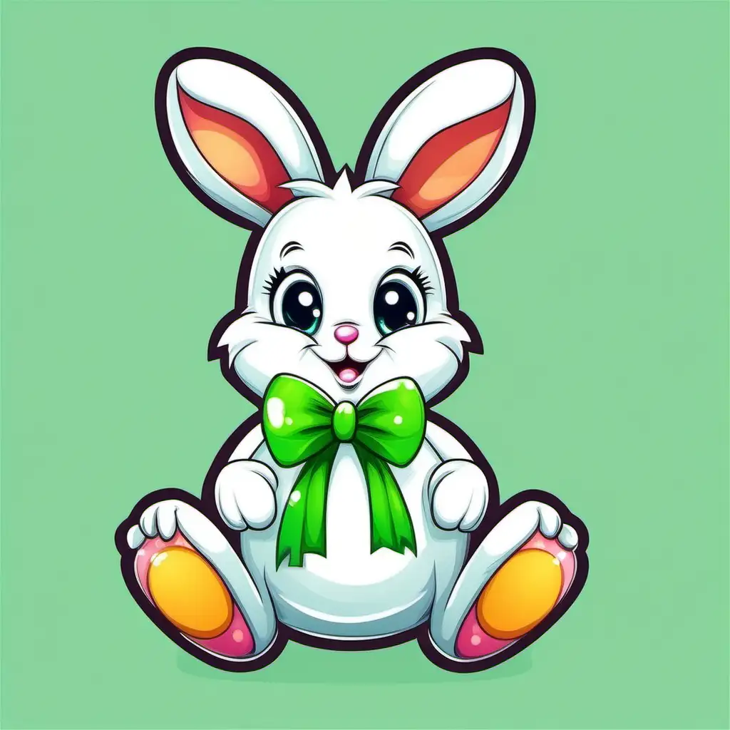 cartoon easter bunny with a green bow icon style transparent background