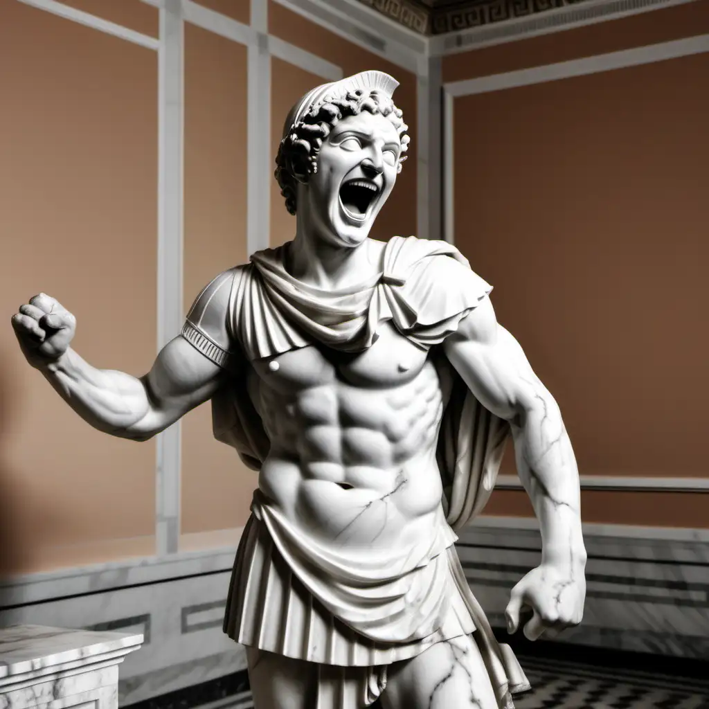 ancient greek soldier as a marble statue, in a room,  laughing hysterically