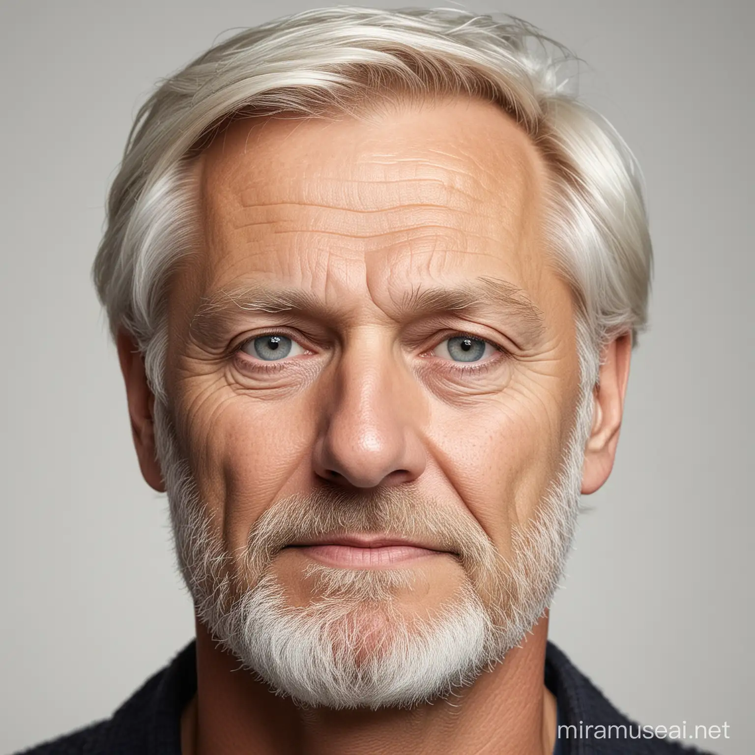 Gör en porträttbild av en 55-årig man. Svenskt utseende, ej blond. helvit bakgrund