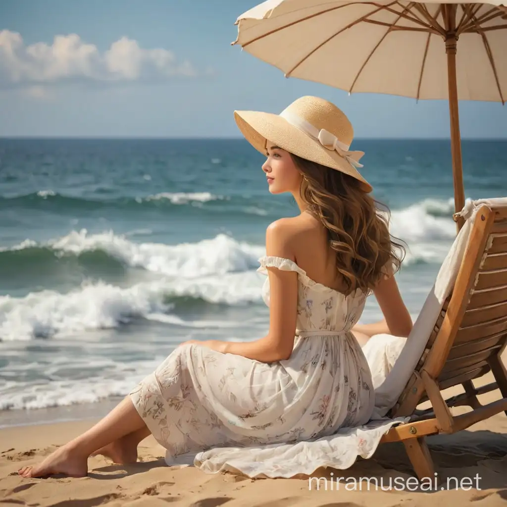 Beautiful Girl in Hat and Dress Lounging by Seaside Watching Ship